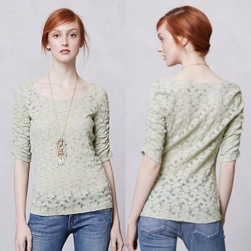 ANTHROPOLOGIE Brushed Lace Pullover Green Top